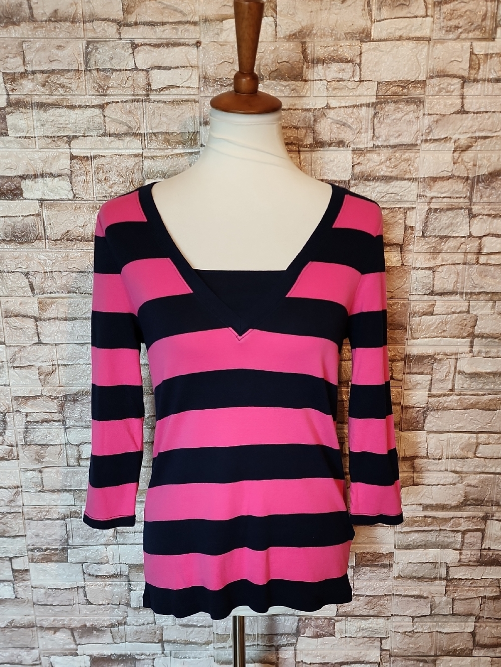 Ralph Lauren Striped V-Neck Women's Top in Hot Pink and Dark Blue 100 % Cotton